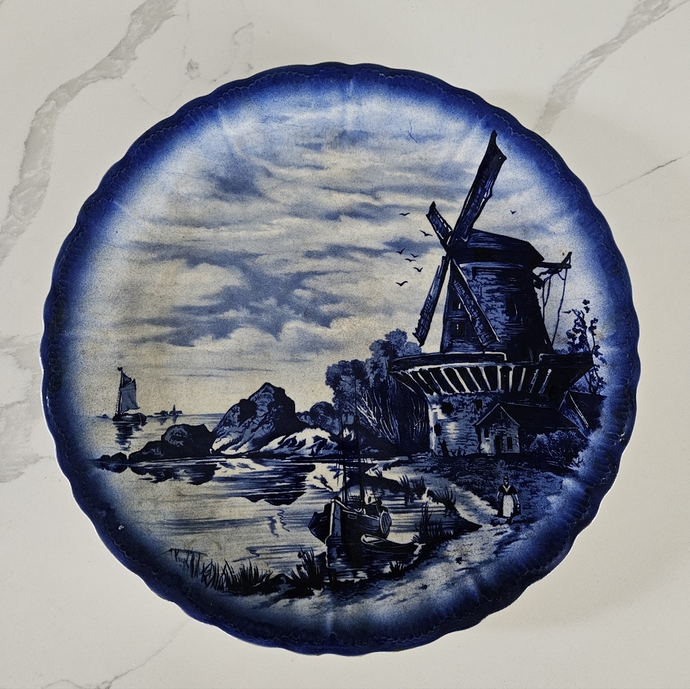 Delft Boch 11 inch Belgium Large Wall Charger Plate Windmill River Boat Ceramic